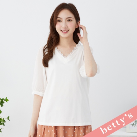 betty’s貝蒂思　V領蕾絲雪紡拼接澎袖T-shirt(共二色)