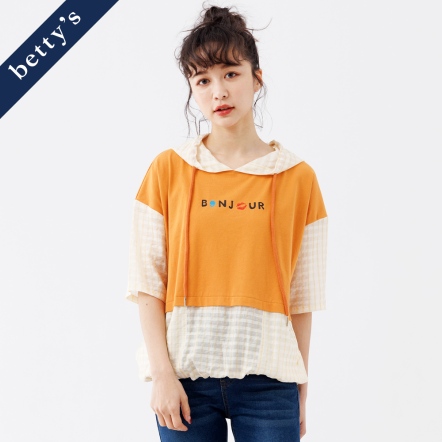 betty’s貝蒂思　透膚格紋抽繩拼接口袋連帽T-shirt(共二色)