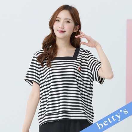 betty’s貝蒂思 方領刺繡小熊條紋上衣(黑)				