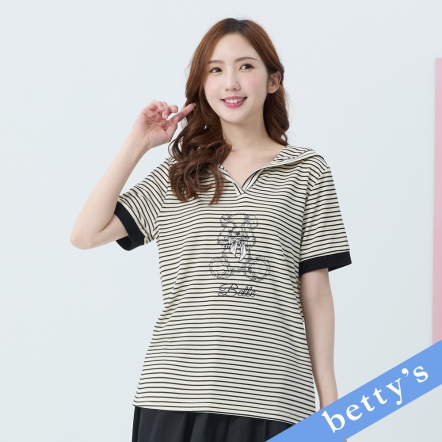 betty’s貝蒂思　條紋海軍領短袖綉小熊上衣(條紋黑)