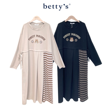 betty’s貝蒂思　花朵熊圓領長襬裁接條紋洋裝(共二色)				