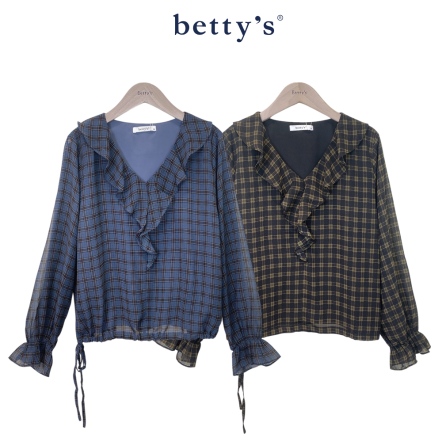 betty’s貝蒂思　飄逸荷葉領格紋雪紡上衣(共二色)				