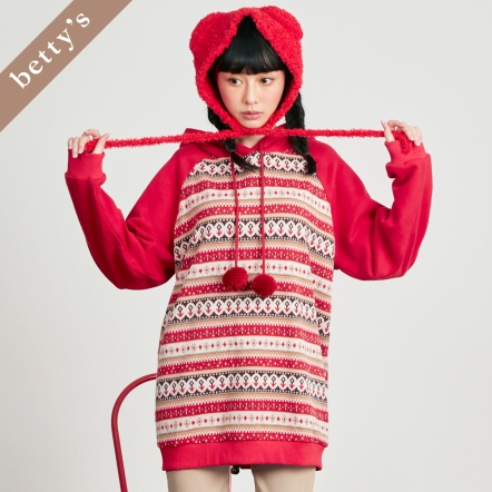 betty’s貝蒂思　毛球抽繩拼接連帽長版T-shirt(共二色)