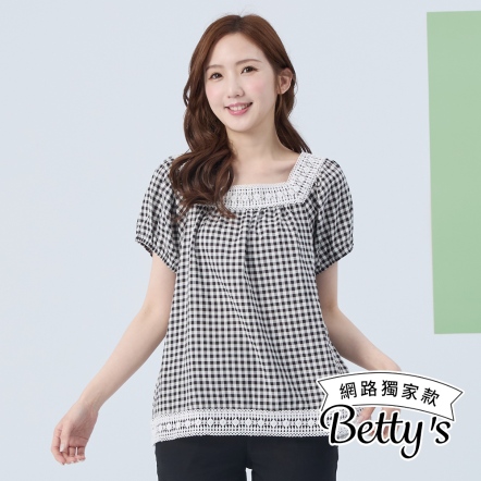 betty’s貝蒂思　日系風緹花蕾絲領格紋上衣(黑色)