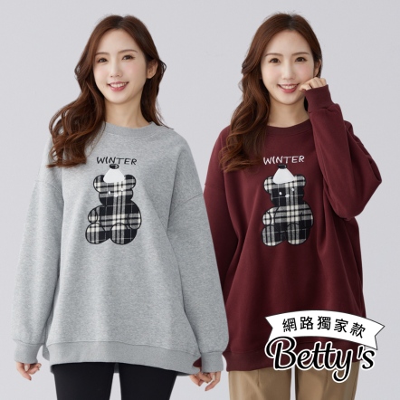 betty’s貝蒂思　格紋布拼接刺繡戴帽子的熊厚棉T-shirt(共三色)