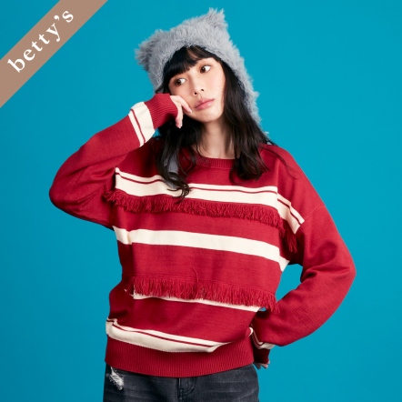 betty’s貝蒂思　撞色條紋流蘇圓領毛衣(共二色)