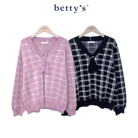 betty’s貝蒂思　格紋領巾珍珠裝飾針織上衣(共二色)